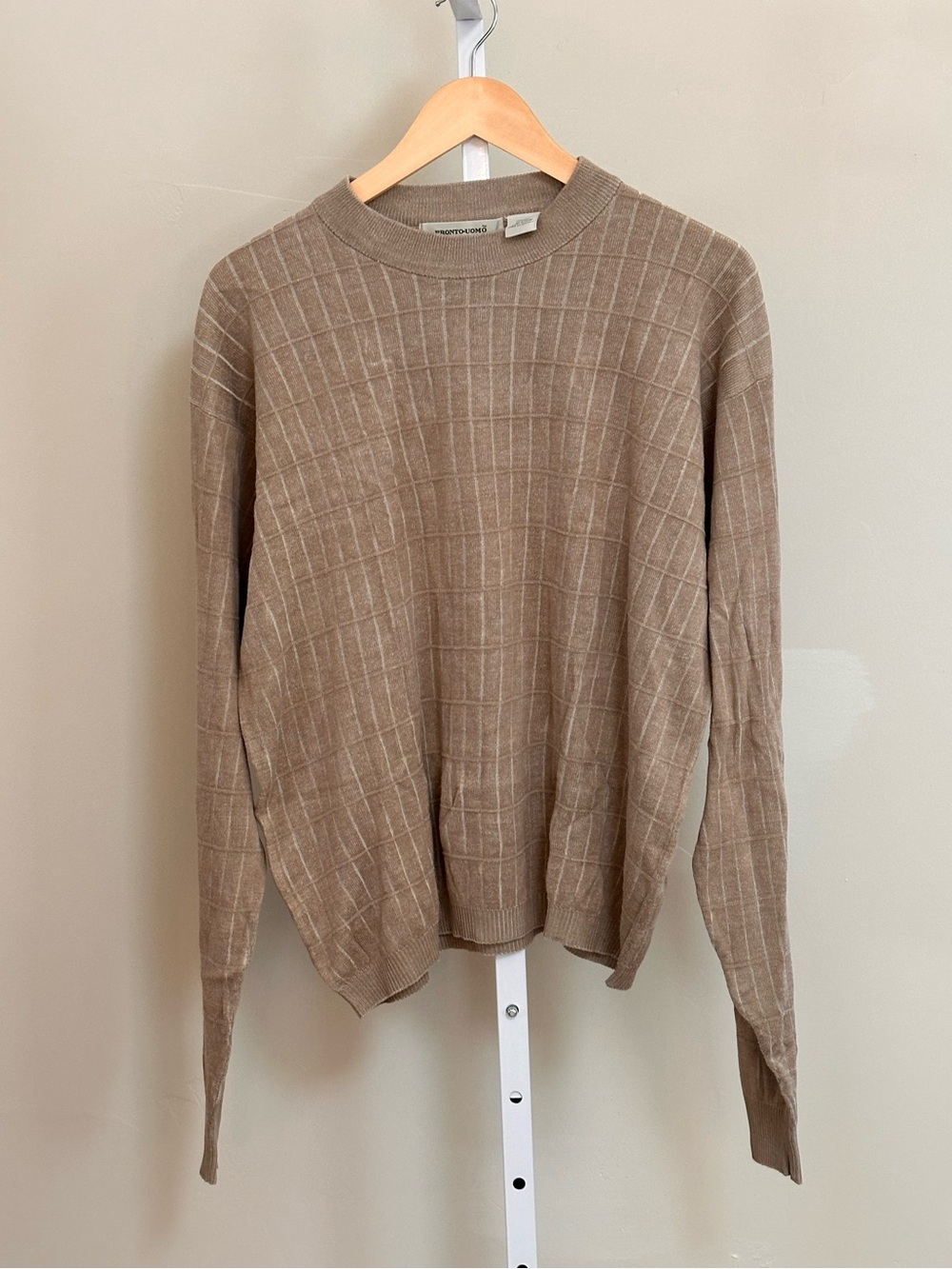Pronto Uomo 100% Silk Windowpane Sweater Men’s XL Taupe Quiet Luxury